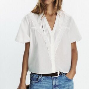 NWT ZARA White Eyelet V-Neck Short Sleeve Top